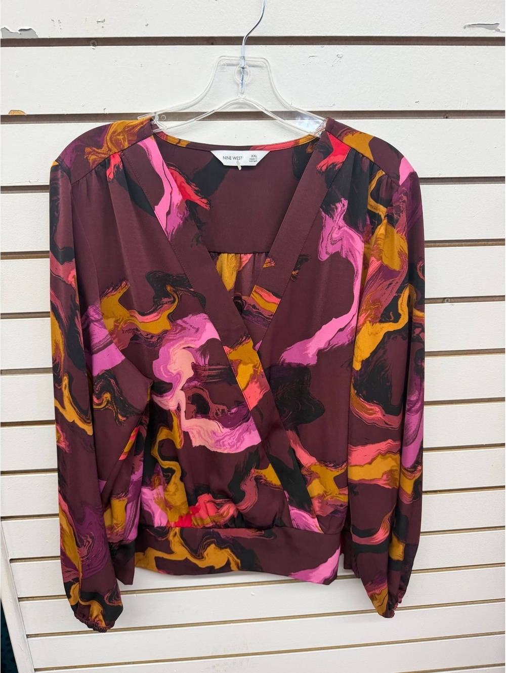 Nine West XXL Abstract Print Surplice Blouse NWT Burgundy Pink Mustard